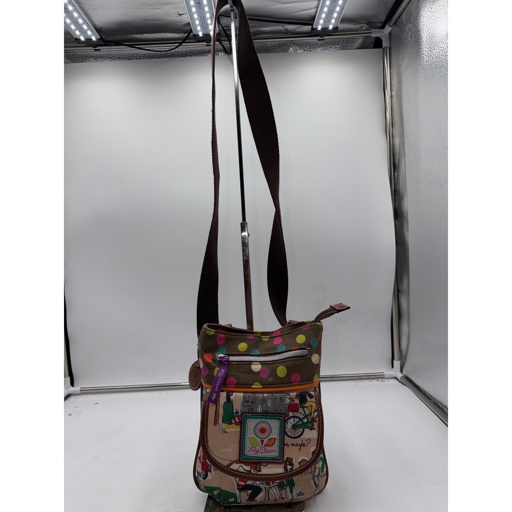Lily Bloom Crossbody Bag Parisian Cafe Scene Polka Dot Brown Canvas Travel Purse